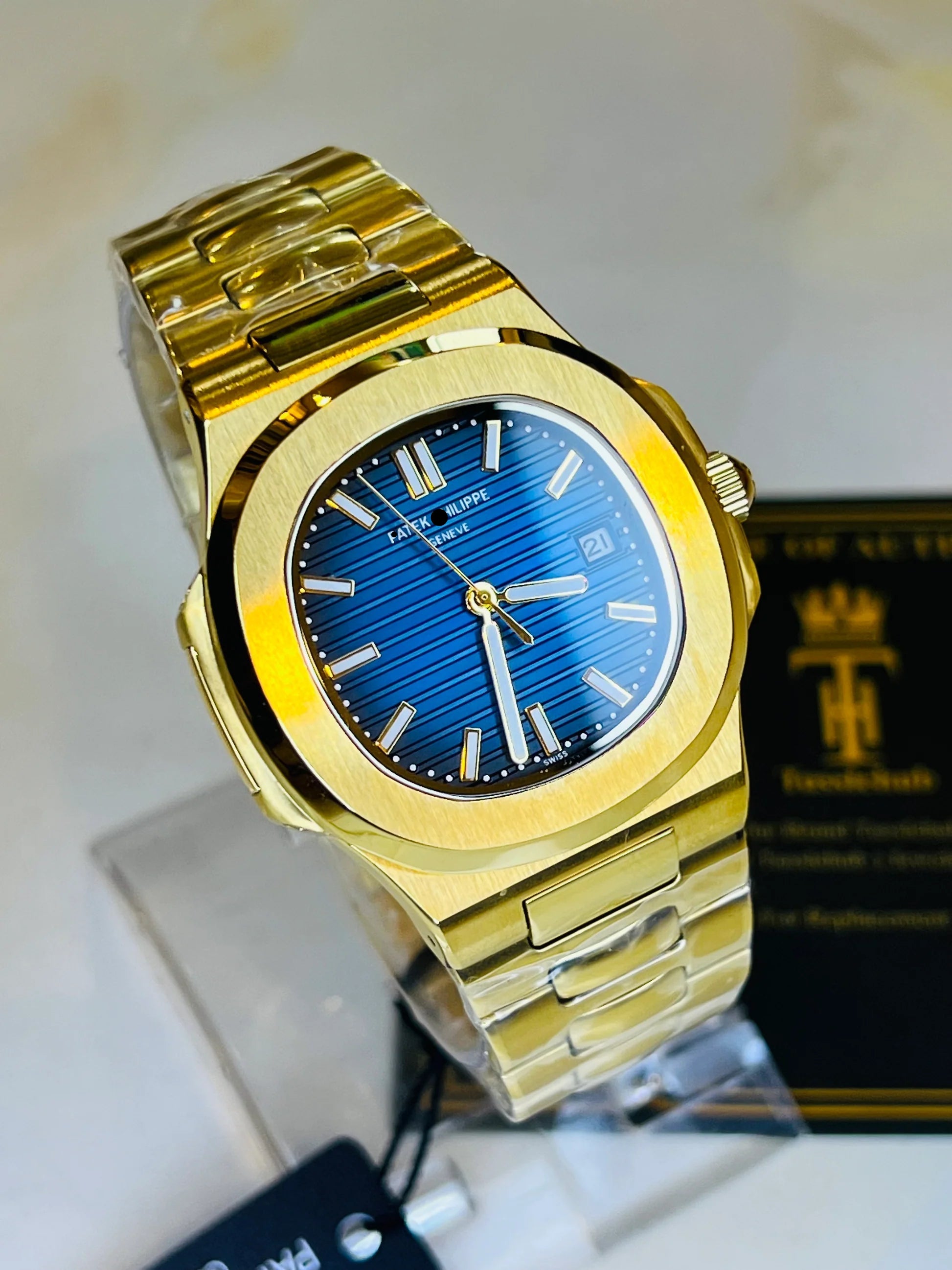 Gold Sapphire Blue Automatic Nautilus Watch