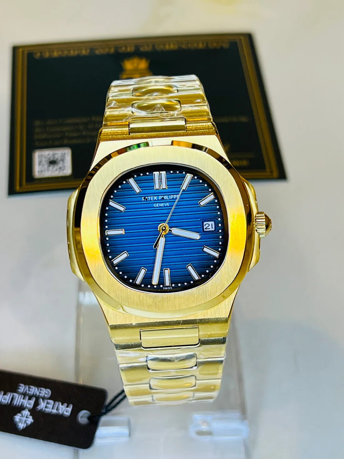 Gold Sapphire Blue Automatic Nautilus Watch